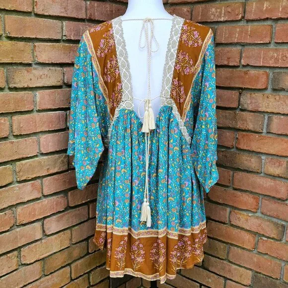 GiGiO Brand Dress Teal Multi Floral Print Crochet Trim Size Small - Picture 4 of 10